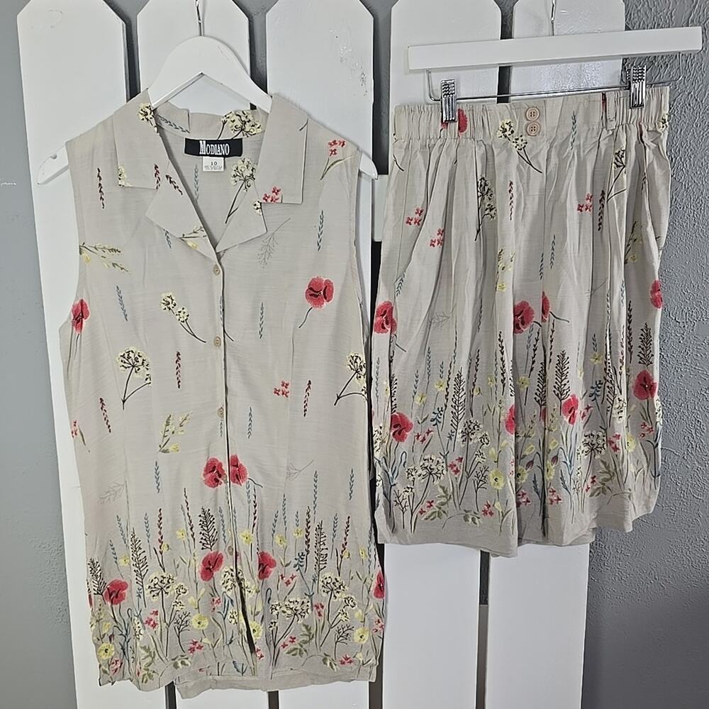 Modiano Floral Vest‎ Shirt and Short Set Medium 10 Brown VTG Cottage Resort 90s